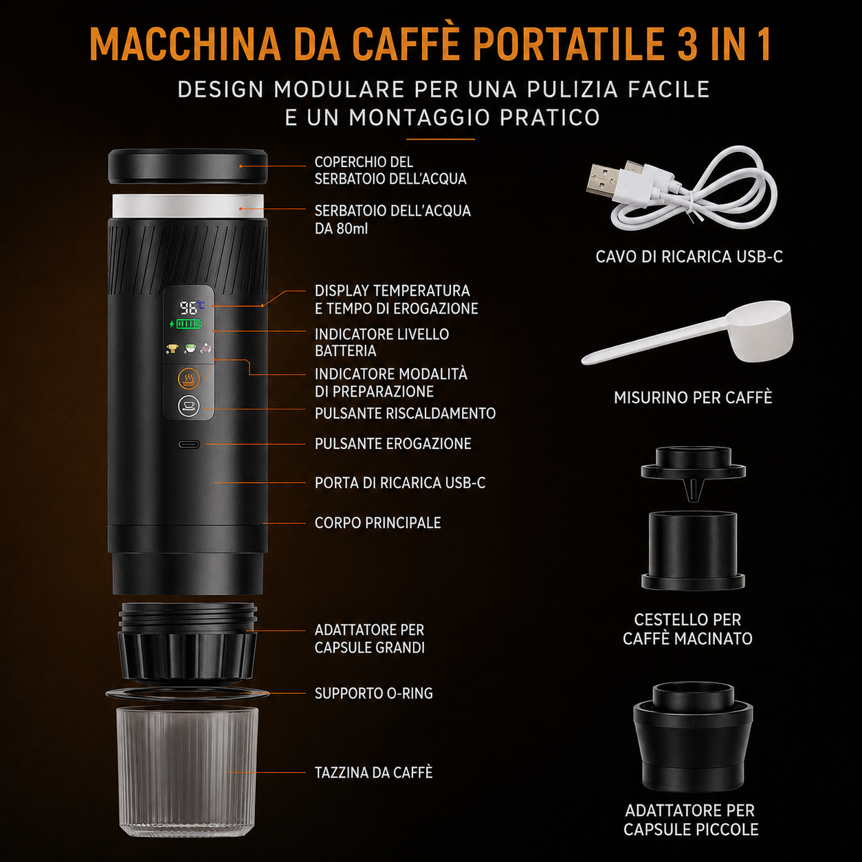 CaffèVai™ – Macchina Espresso Portatile Autoriscaldante 3 in 1  20 Bar